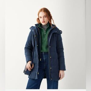 NWT Cole Haan 32” Signature Hooded Taffeta Down Alter. Navy Puffer Coat Sz S